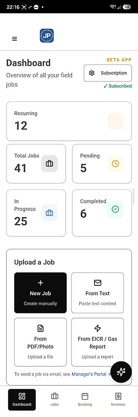 Job Priority mobile dashboard showing job counts and status